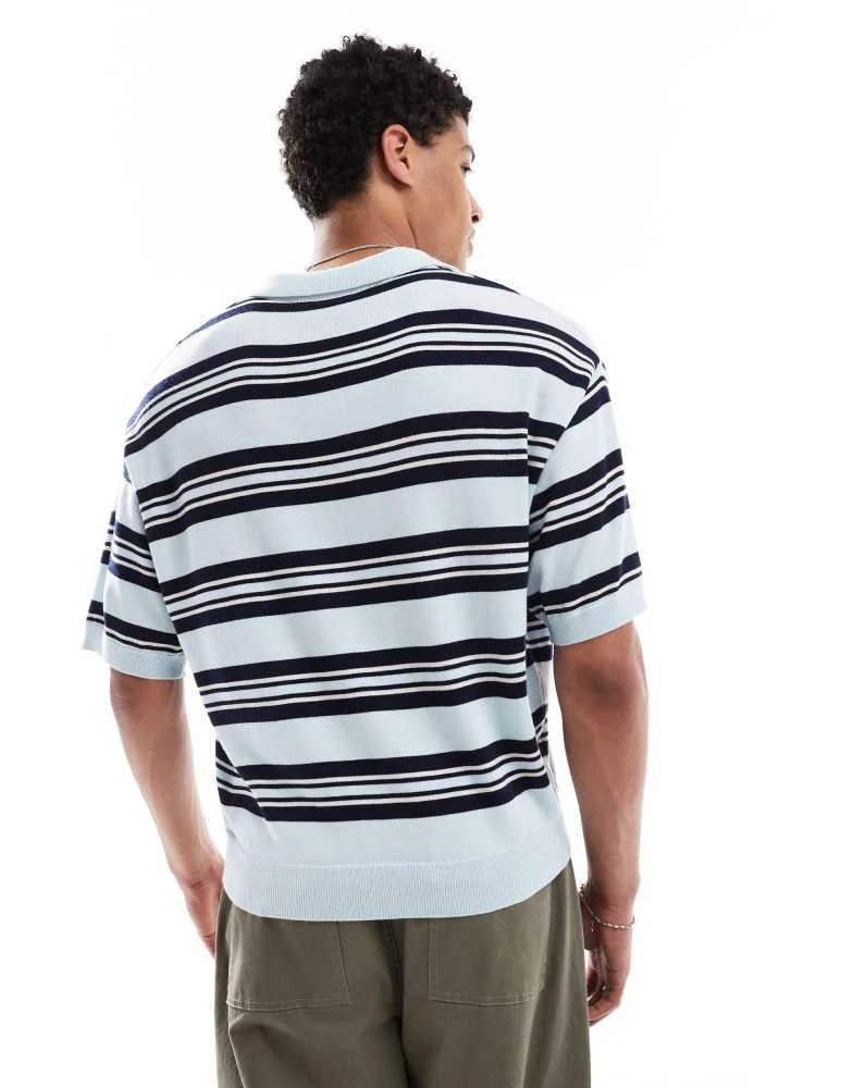 Bershka Bershka retro knitted striped polo in blue 4