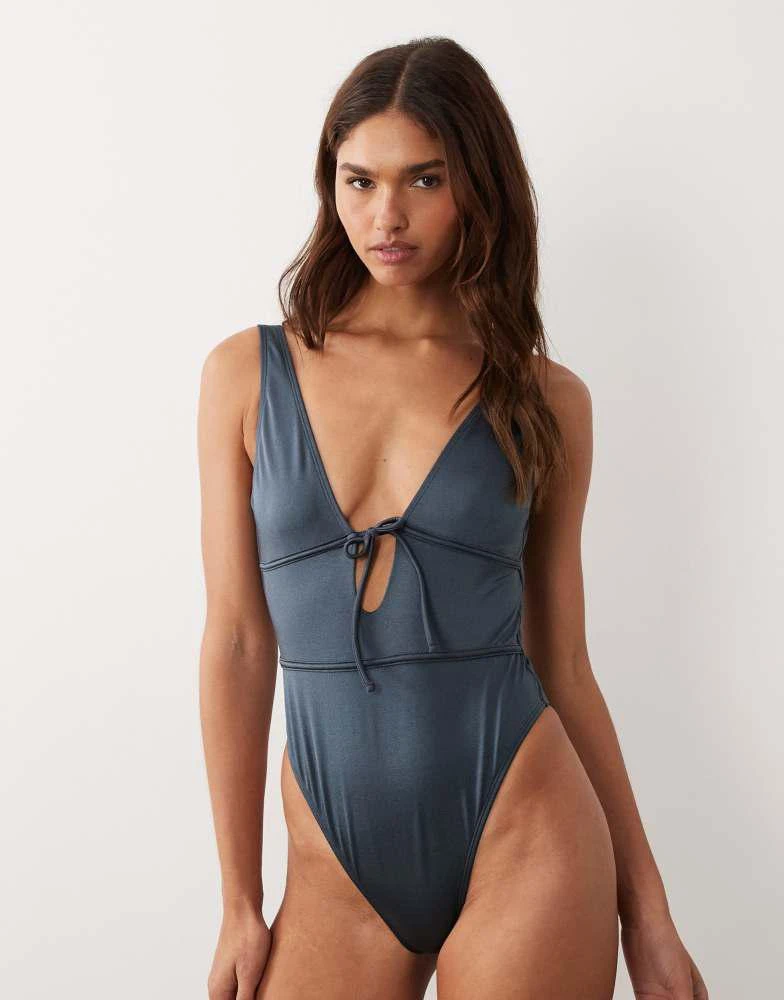 ASOS ASOS DESIGN Maya Bora Bora tie front low back swimsuit in charcoal