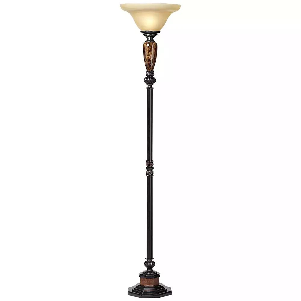 Kathy Ireland Sonnett Industrial Vintage like  Torchiere Floor Lamp Standing 72" Tall Bronze Brown Faux Marble Alabaster Glass Shade Decor for Living Room Reading House Bedroom Home Office - Kathy Ireland