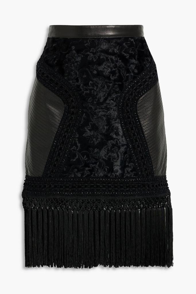 Andrew Gn Fringed leather-paneled embroidered faux fur mini skirt