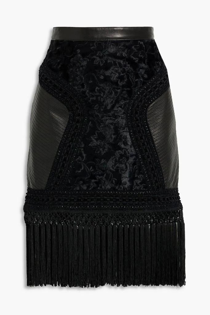 Andrew Gn Fringed leather-paneled embroidered faux fur mini skirt 1