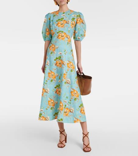 Alémais Floral puff-sleeve linen midi dress