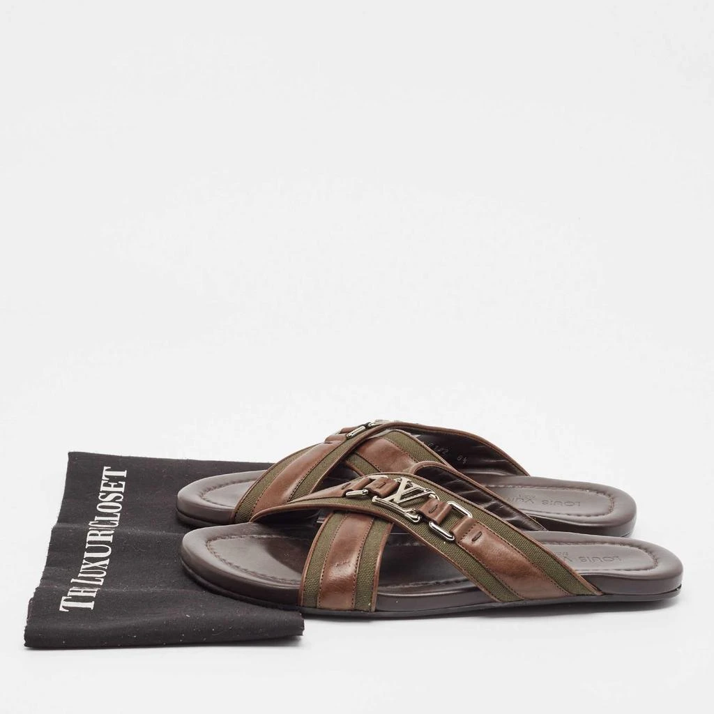 Louis Vuitton Louis Vuitton Brown/Green Leather and Canvas Flat Slides Size 42.5 9