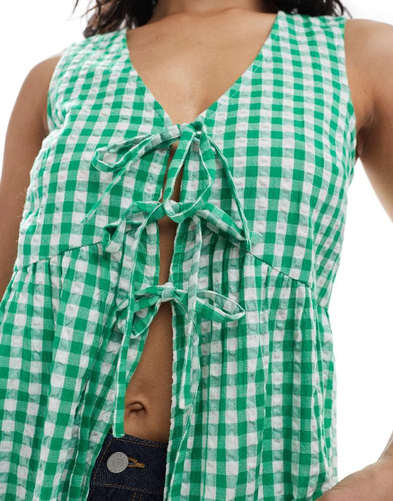 New Look New Look gingham short sleeve tie front shell top in green 3