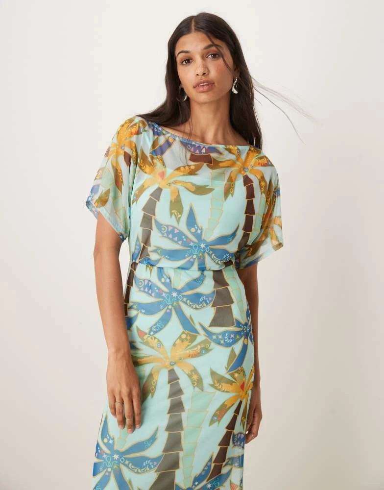 Never Fully Dressed Never Fully Dressed Tilly off asymmetric mesh maxi dress in blue palm print 3
