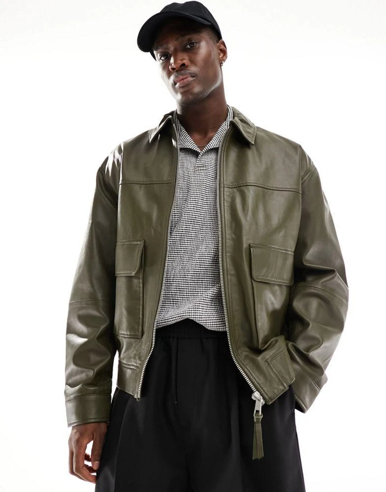 ASOS ASOS DESIGN oversized real leather bomber jacket in khaki 1