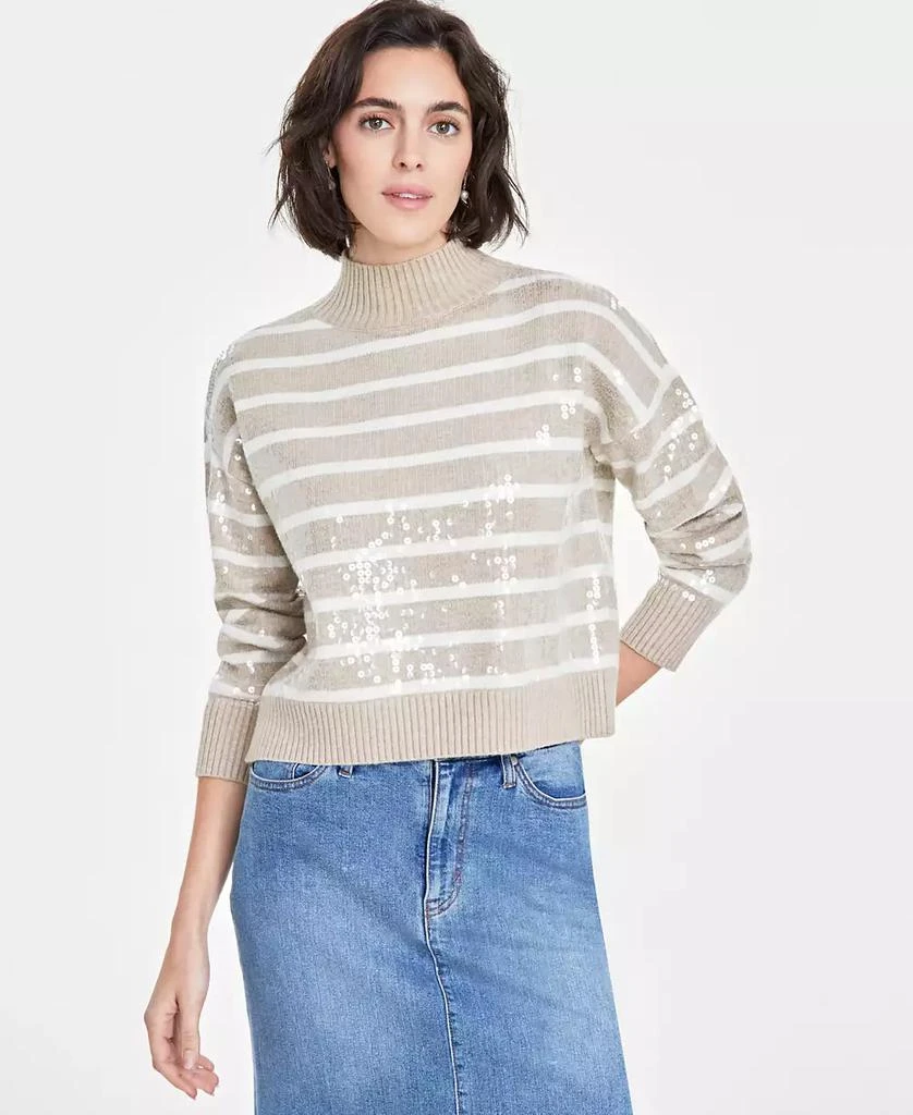 On 34th Women's Sequined Striped Mock-Neck Sweater, Created for Macy's 1