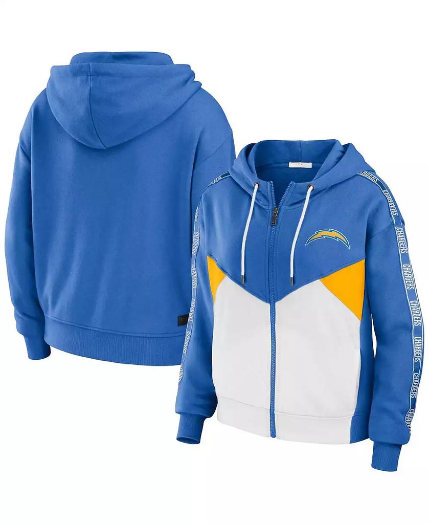 WEAR by Erin Andrews Women's Powder Blue, White Los Angeles Chargers Color Block Light Weight Modest Crop Full-Zip Hoodie