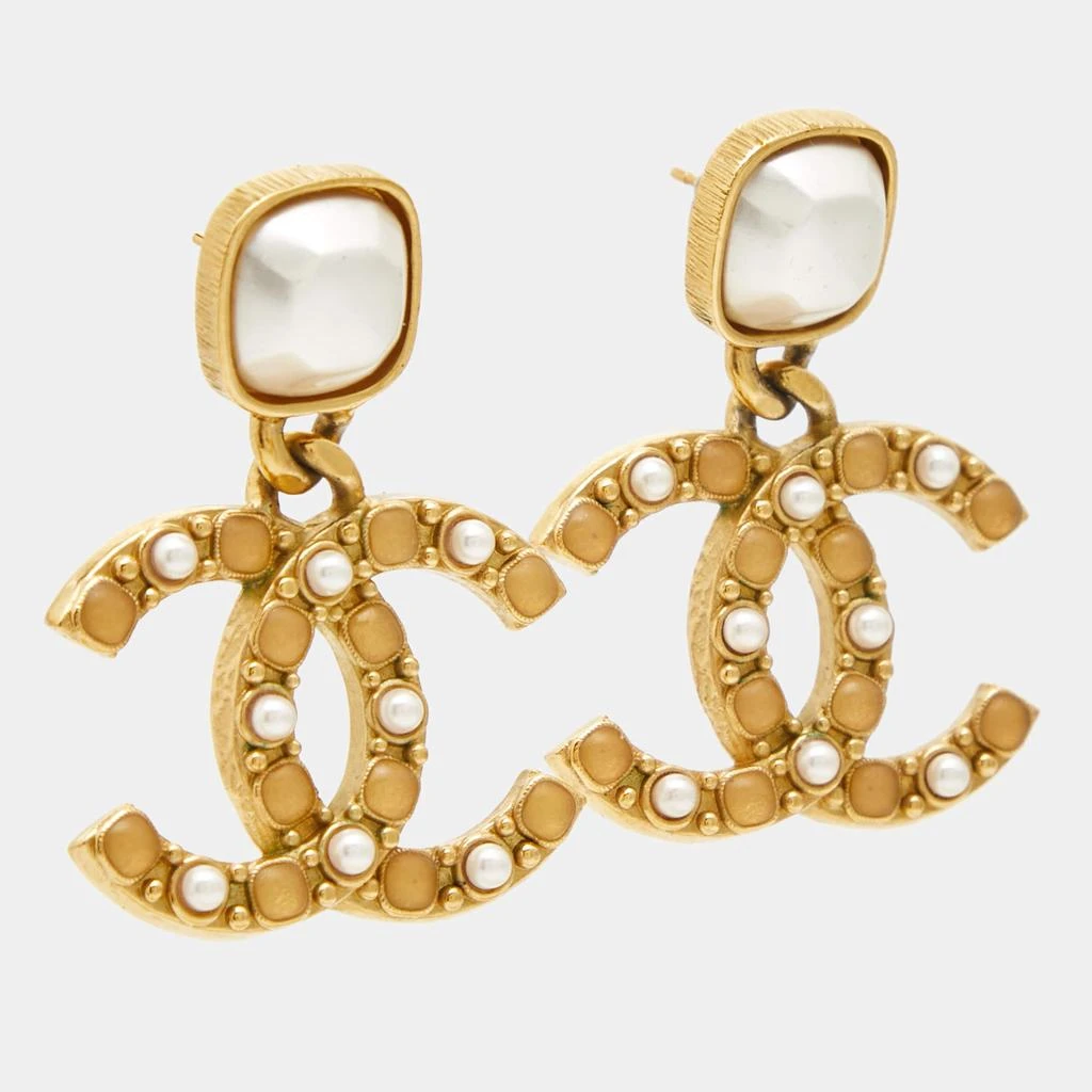 Chanel Chanel CC Faux Pearl Resin Gold Drop Earrings 2