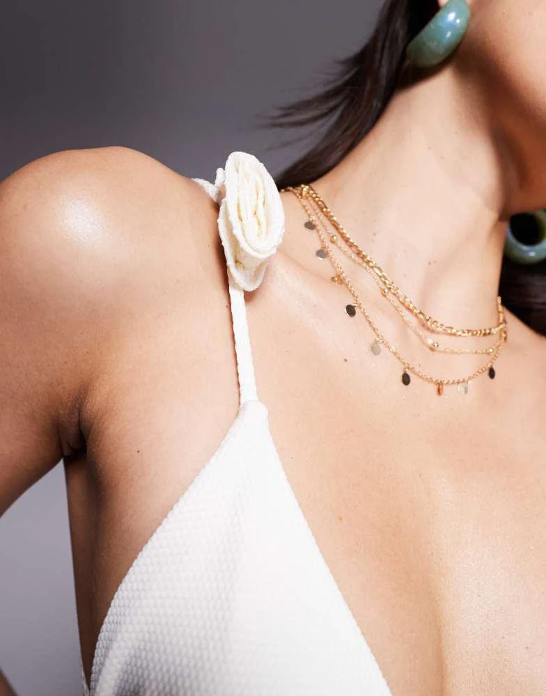 ASOS ASOS DESIGN triangle bikini top in micro waffle with corsage detail in cream 2