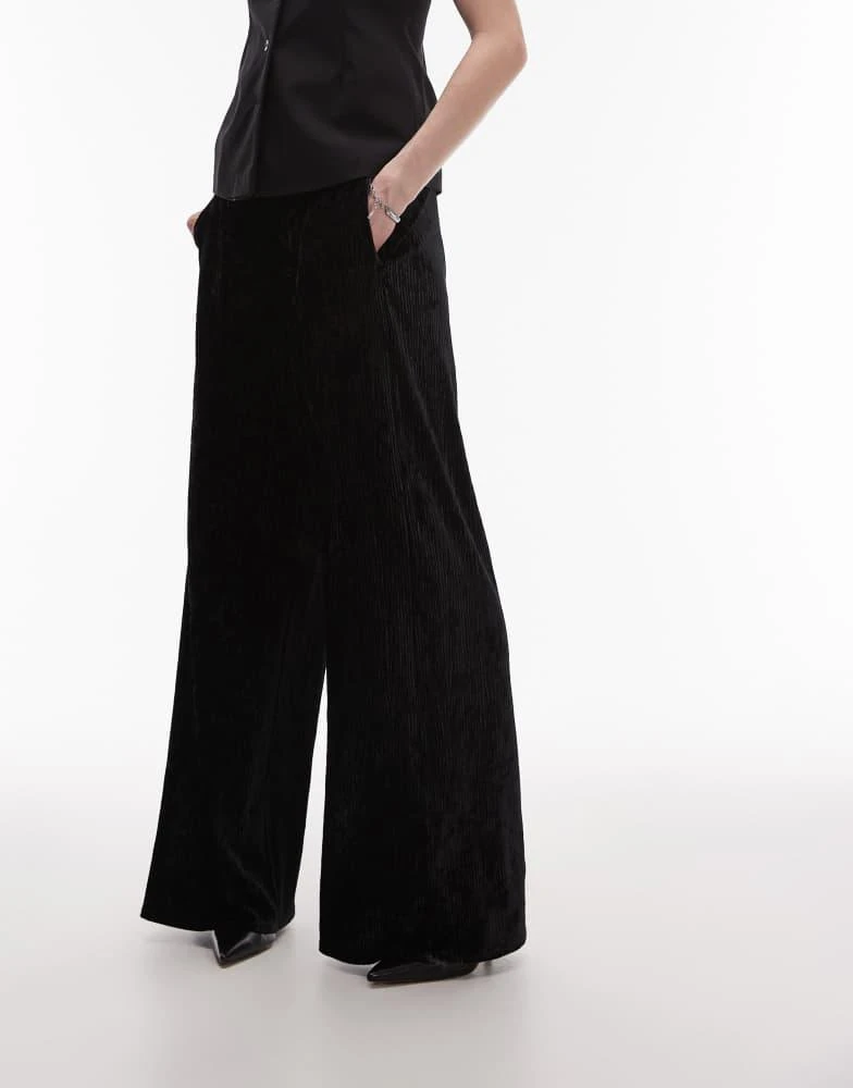Topshop Tall Topshop Tall crushed velvet wide leg trouser with skinny waistband in black 2