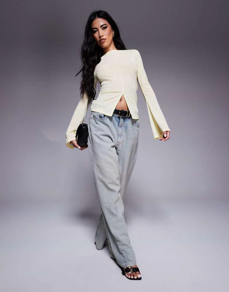 ASOS ASOS DESIGN mesh flared long sleeve boat neck top with slit detail at front in yellow 4