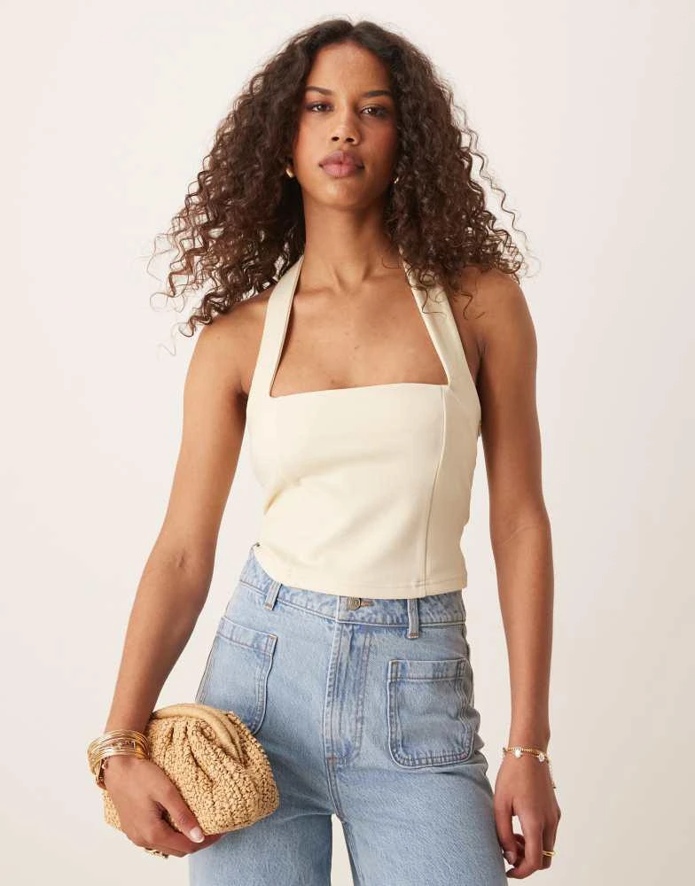 ASOS ASOS DESIGN premium ponte halter neck top in buttermilk yellow 1