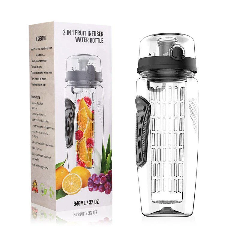 Fresh Fab Finds 32oz Fruit Infuser Water Bottle with Flip Top Lid Perfect for Office, Home, Sport, Running, Walking, Hiking Black 1