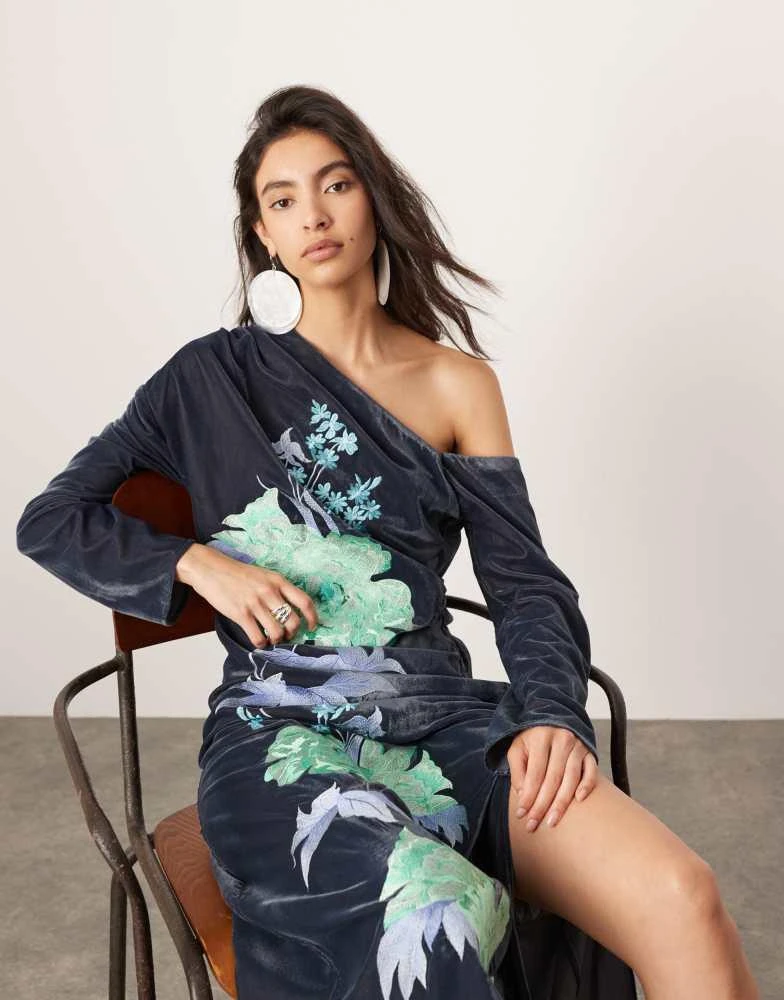 ASOS ASOS EDITION velvet floral embroidered off shoulder long sleeve midi dress in grey 1