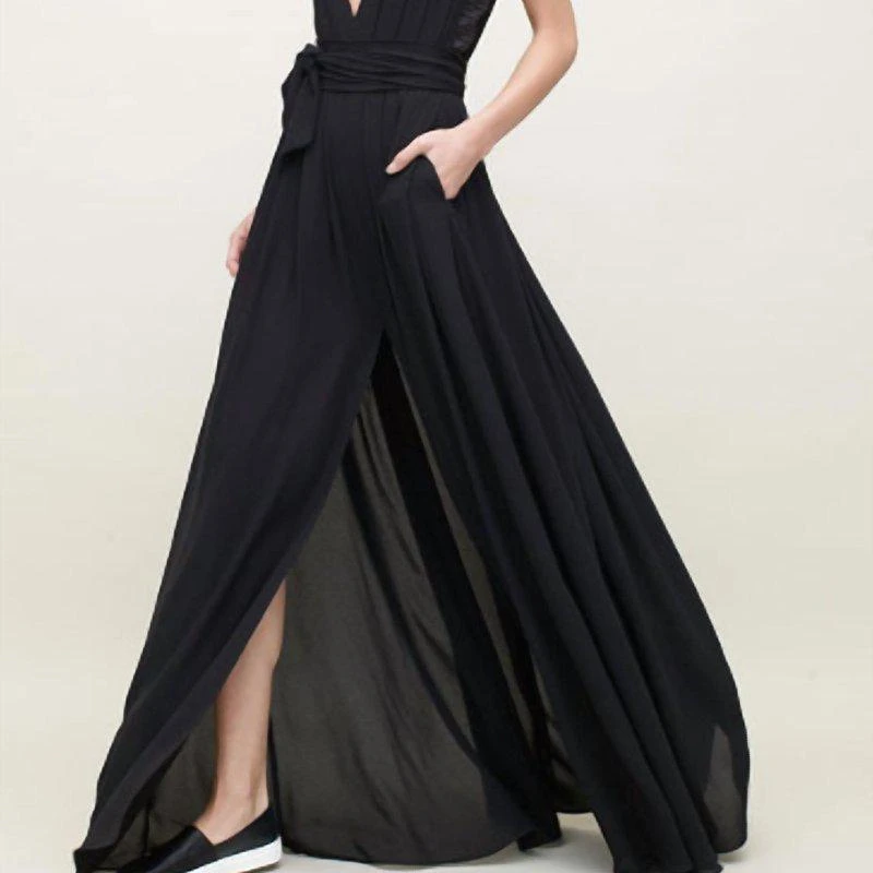L'Agence Deep V Long Pleated Dress In Black 2