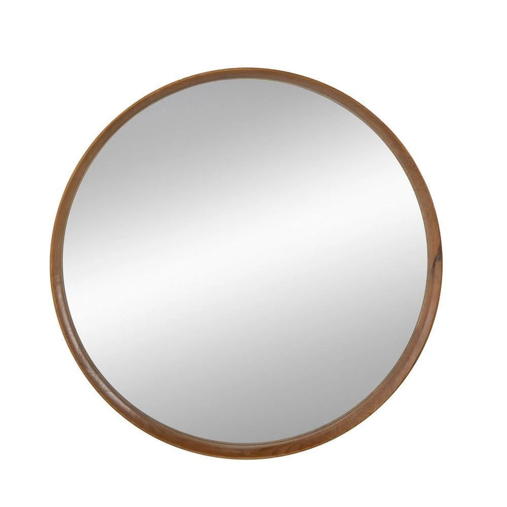 Hivvago Roe 40 Inch Round Accent Mirror, Brown Pine Wood Frame, Wall Hung