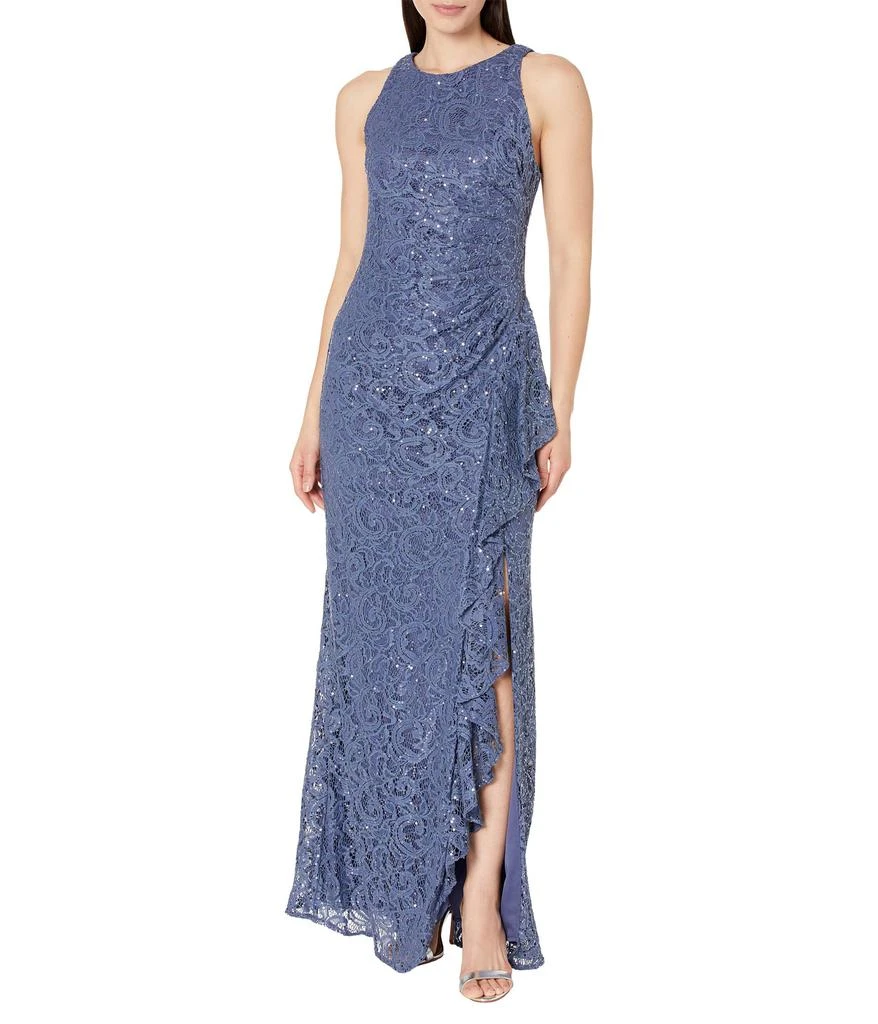 Alex Evenings Long Sleeveless Dress with Cascade Ruffle Detail and Front Slit 1