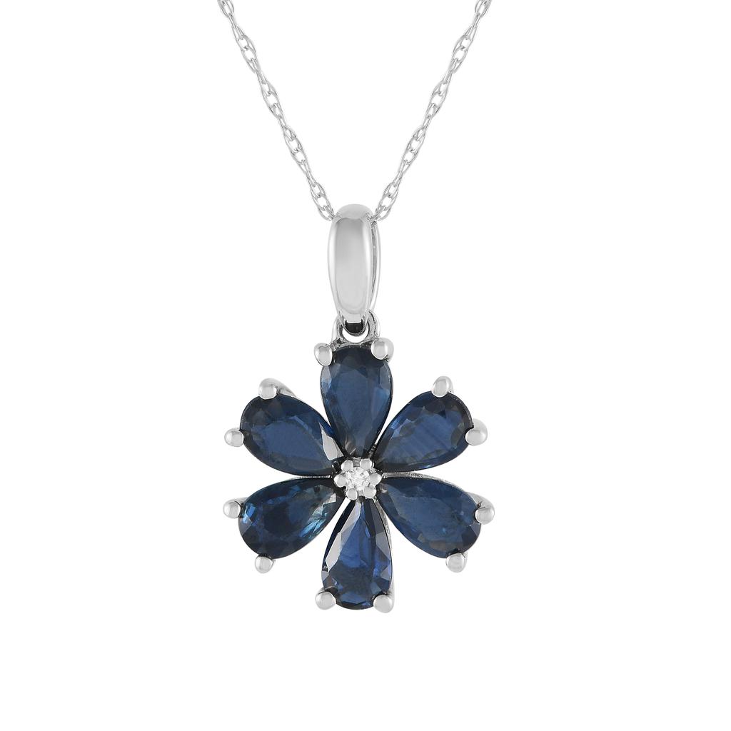 Non Branded 14K White Gold 0.01ct Diamond and Sapphire Flower Pendant Necklace PD4-15845WSA
