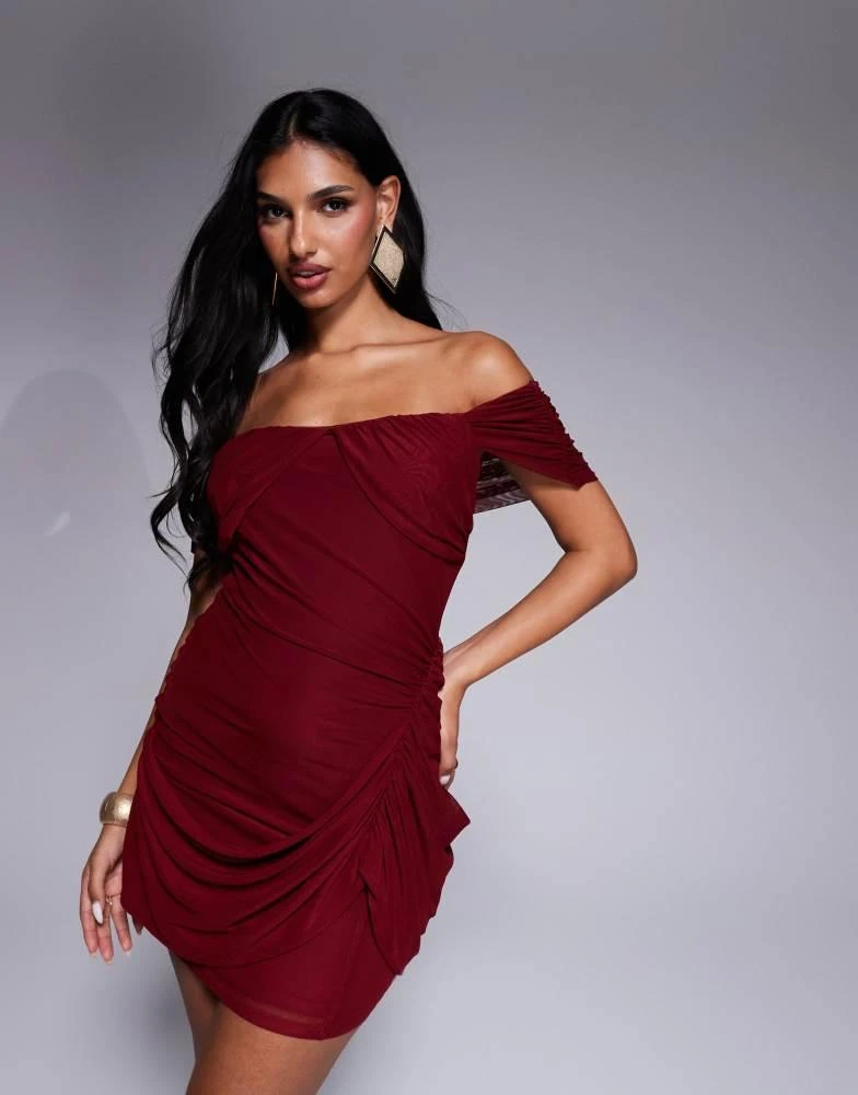 Shop ASOS DESIGN mesh mix bardot draped mini dress in burgundy on Sale at  BeyondStyle  Get 60% Off ASOS DESIGN mesh mix bardot draped mini dress in  burgundy with Limited-Time Flash