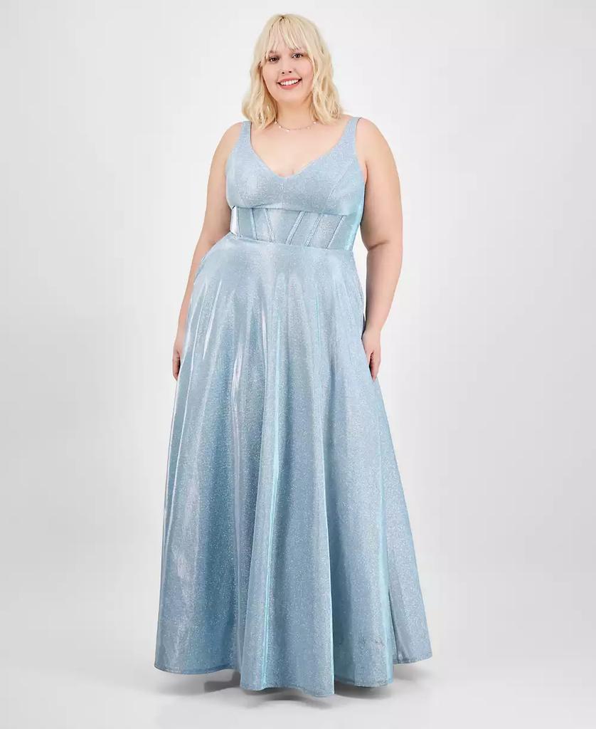 City Studios Trendy Plus Size Glitter V-Neck Sleeveless Gown