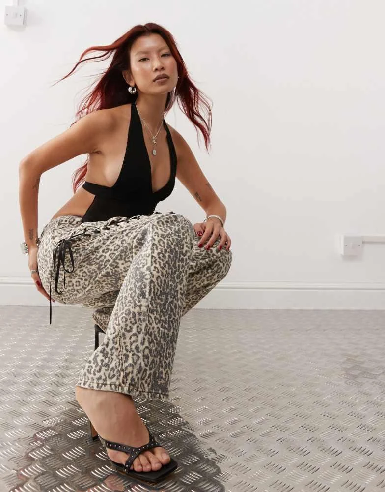 Lioness Lioness lace up ribbon jean in faded leopard print 2