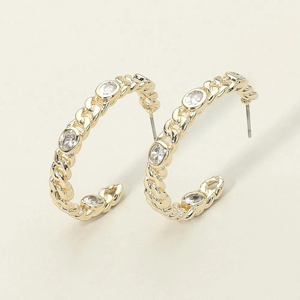 FASHNZFAB 14K Gold Plated Oval CZ Stone Accent Chain Hoop Earrings