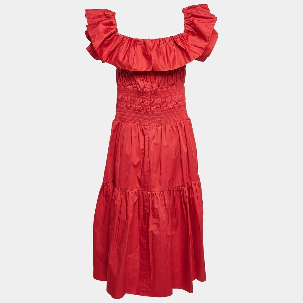 Self Portrait Self-Portrait Red Poplin Smocked Off-Shoulder Midi Dress L 2
