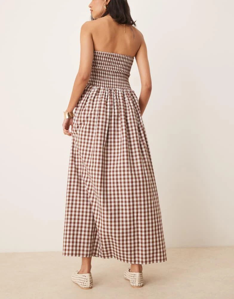 ASOS ASOS DESIGN shirred tie front bandeau maxi dress in chocolate gingham 3