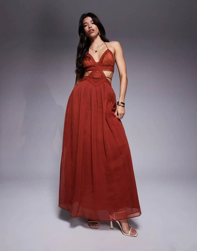 ASOS ASOS DESIGN crochet and faux suede bust tiered maxi dress with cut out in rust 1