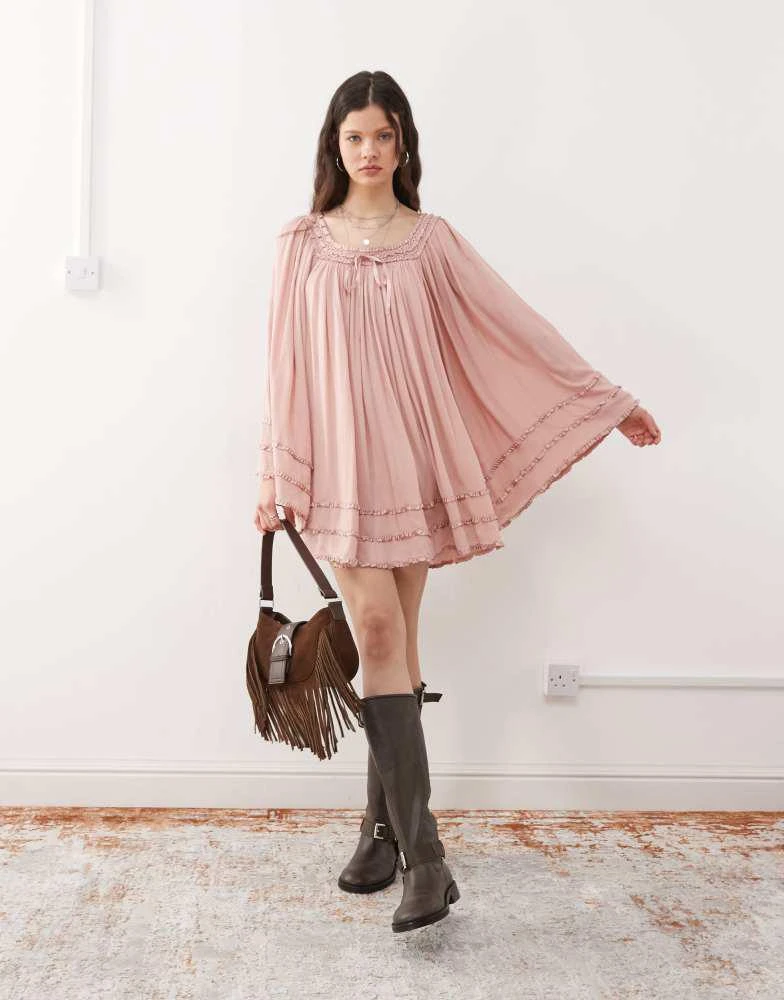 Miss Selfridge Miss Selfridge square neck flared sleeve mini dress in dusky pink 4