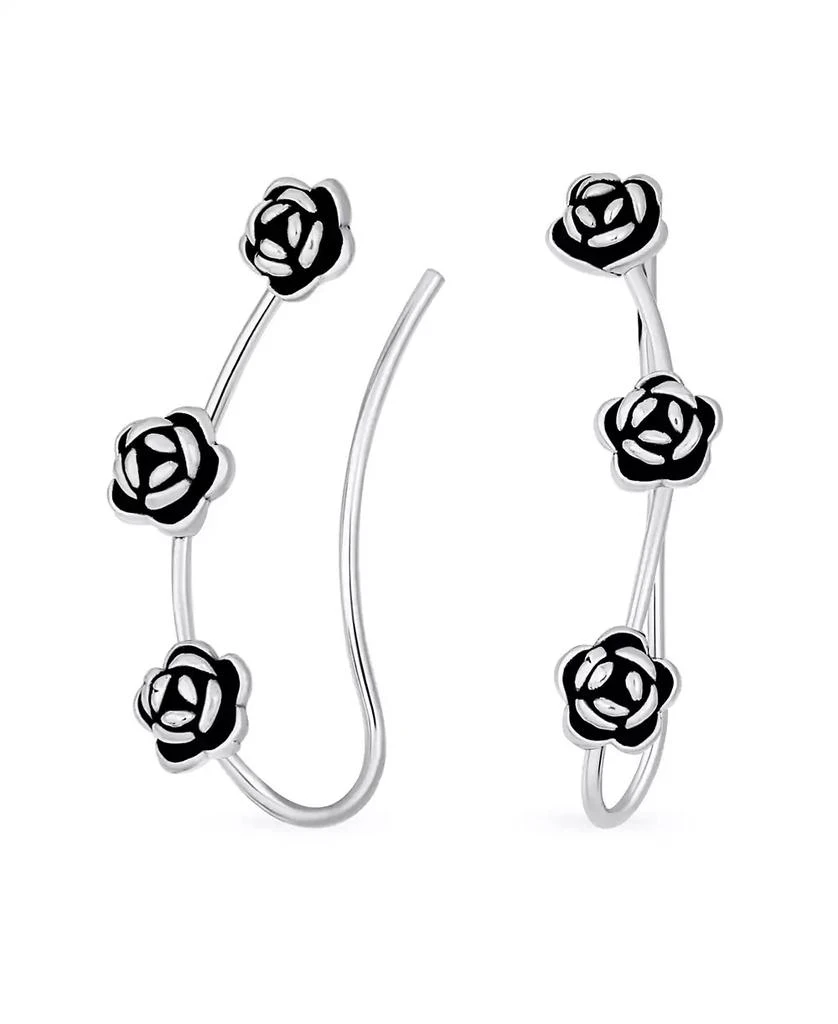 Bling Jewelry Retro 3D Flower Three Roses Wire Ear Pin Climbers Crawlers Rose Earrings Oxidized Sterling Silver
