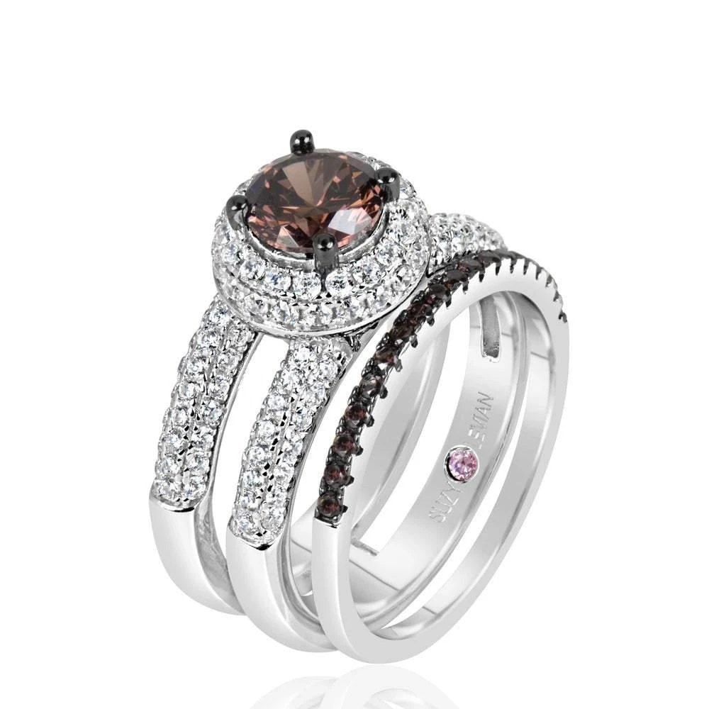 Suzy Levian Sterling Silver Brown Chocolate and White Cubic Zirconia 2-Piece Engagement Ring 2