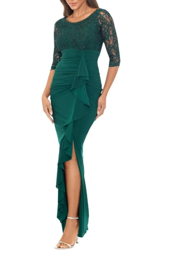 TRUEDAMES Irina Wide Boat Neckline Beaded Lace Overlay Bodice Cascade Ruffled Skirt Thigh-High Slit Sheath Gown Dress 2