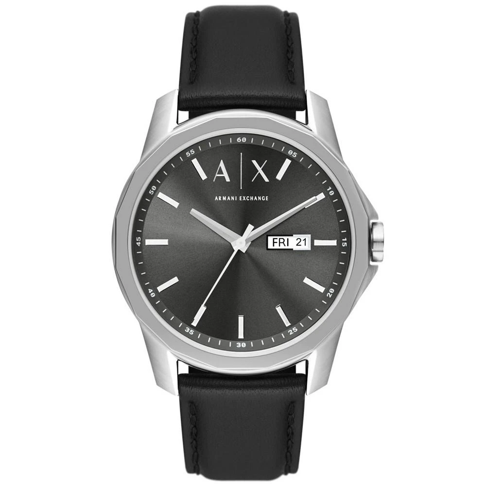 A|X Armani Exchange Men's Three-Hand Day-Date Black Leather Strap Watch, 44mm 1