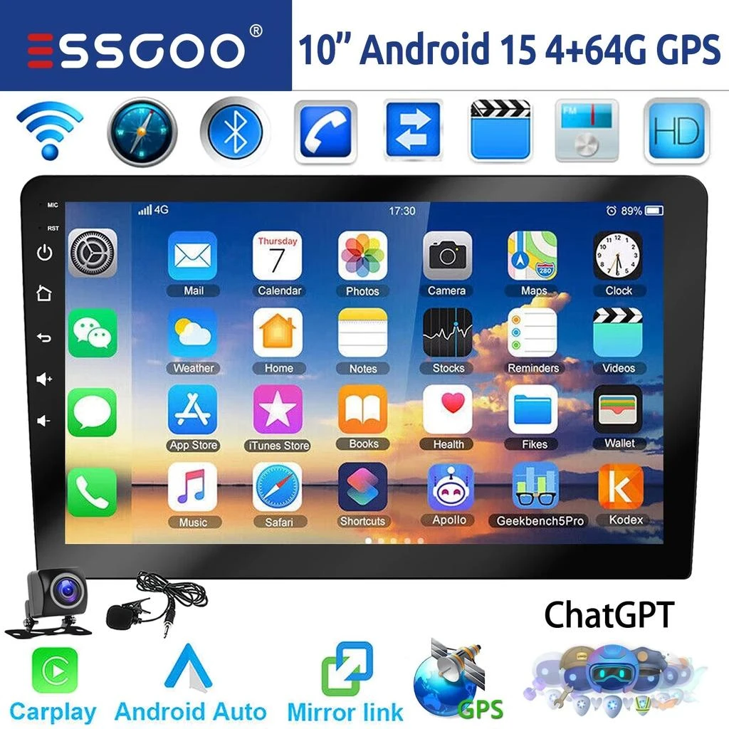 ESSGOO 10" 2 DIN Android 14 Car Stereo with Gpt, Camera, Mic CarPlay, Android Auto, GPS Navigation, Bluetooth, FM RDS Radio, Wi-Fi, and Touchscreen Integration