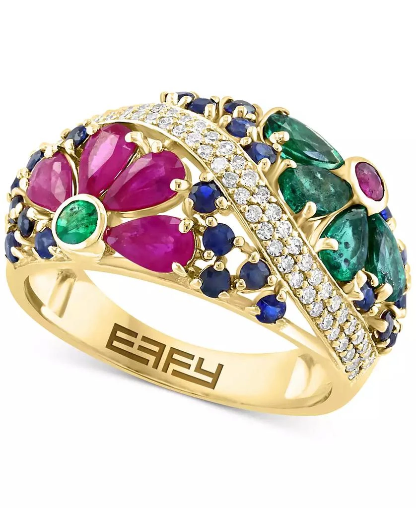 Effy EFFY® Multi-Gemstone (2-3/4 ct. t.w.) 
Diamond (1/4 ct. t.w.) Flower Openwork Ring in 14k Gold