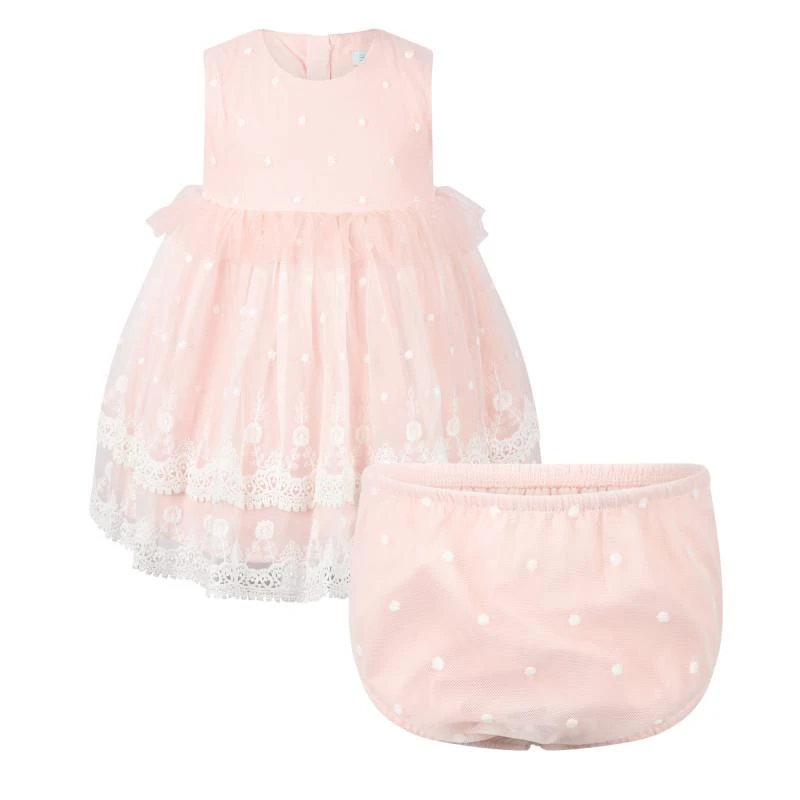 Abel & Lula Polka dot and lace ruffles tulle dress with bloomers in pink 1