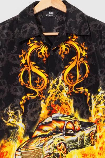 Urban Outfitters Vintage Y2K Truck Flame Graphic Button Up Short Sleeve Shirt