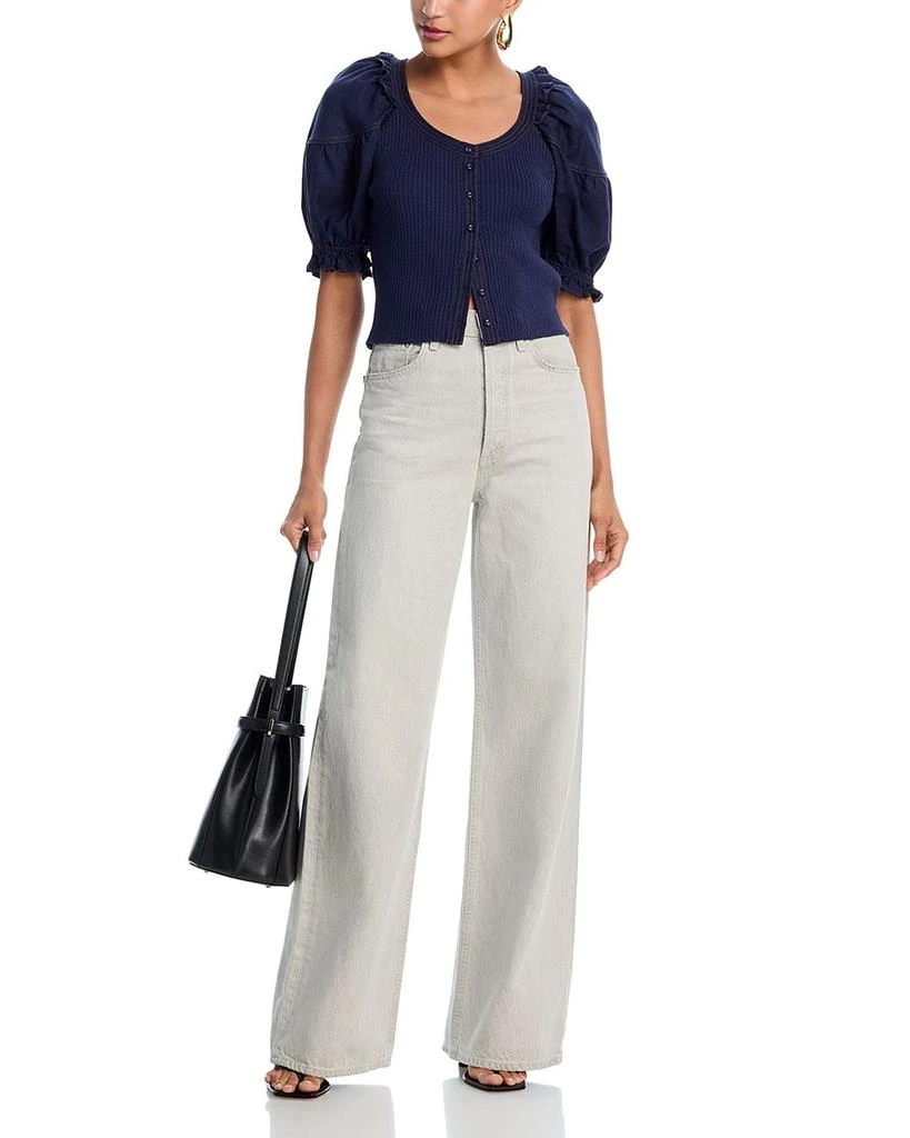 AQUA Mixed Media Puff Sleeve Top - Exclusive 2