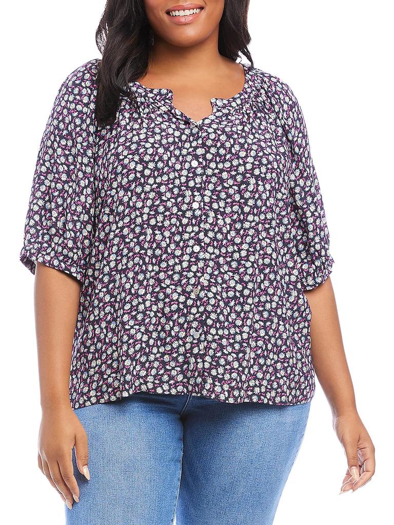 Karen Scott Plus In Full Bloom Womens Floral Print Viscose Peasant Top