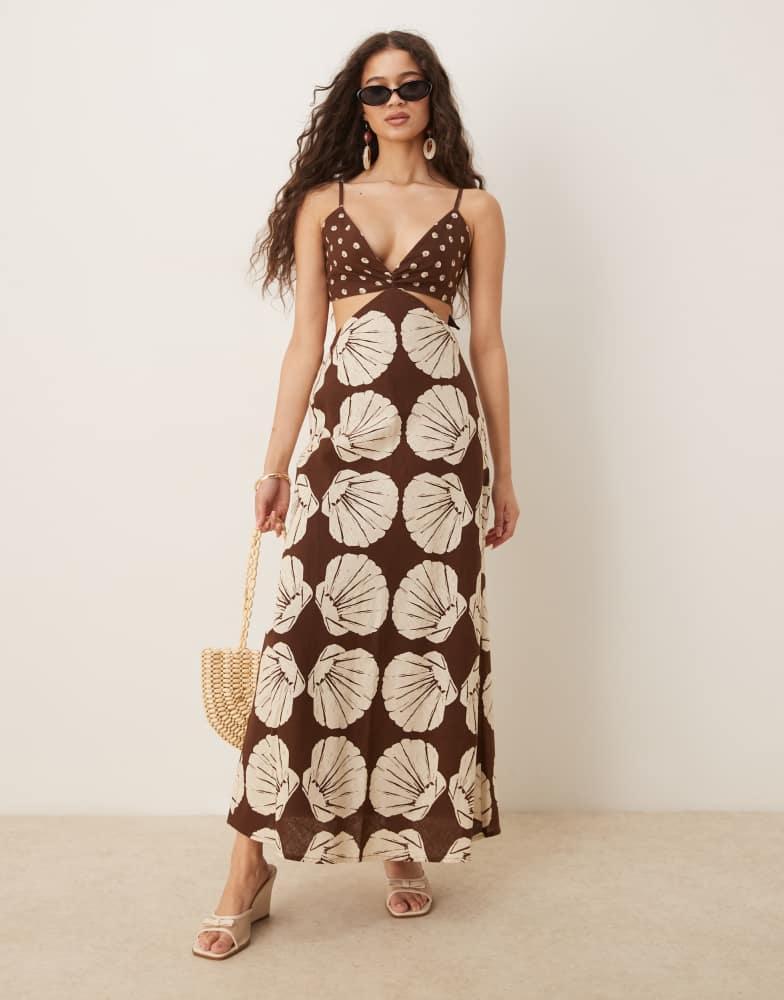 Abercrombie & Fitch Abercrombie & Fitch spaghetti strap cutout slip maxi linen dress in brown print