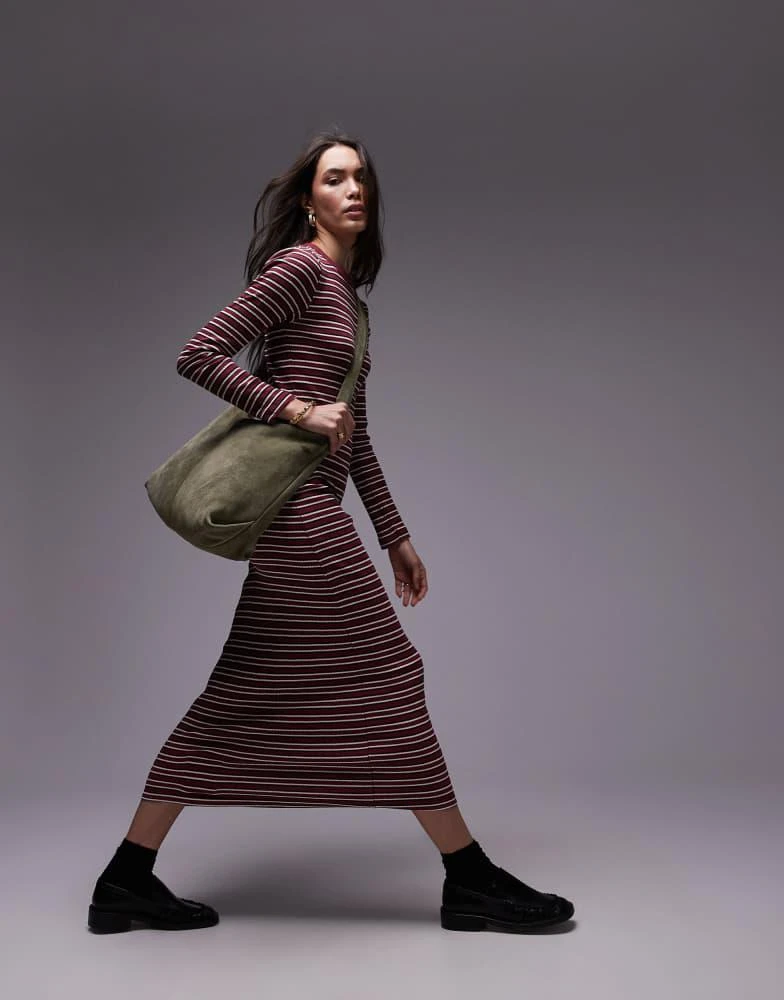 Topshop Topshop stripe long sleeve maxi dress in burgundy 1