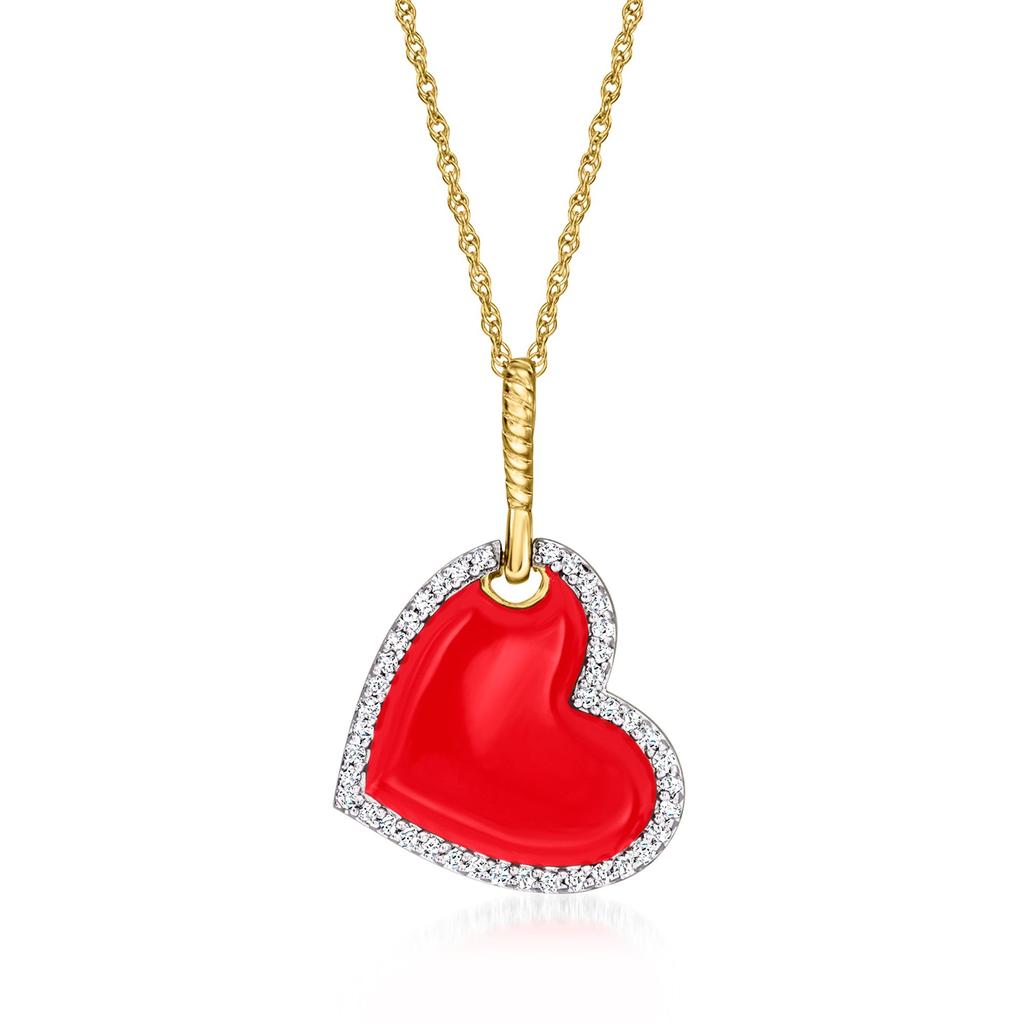 Ross-Simons Red Enamel and . Diamond Heart Pendant Necklace in 18kt Gold Over Sterling