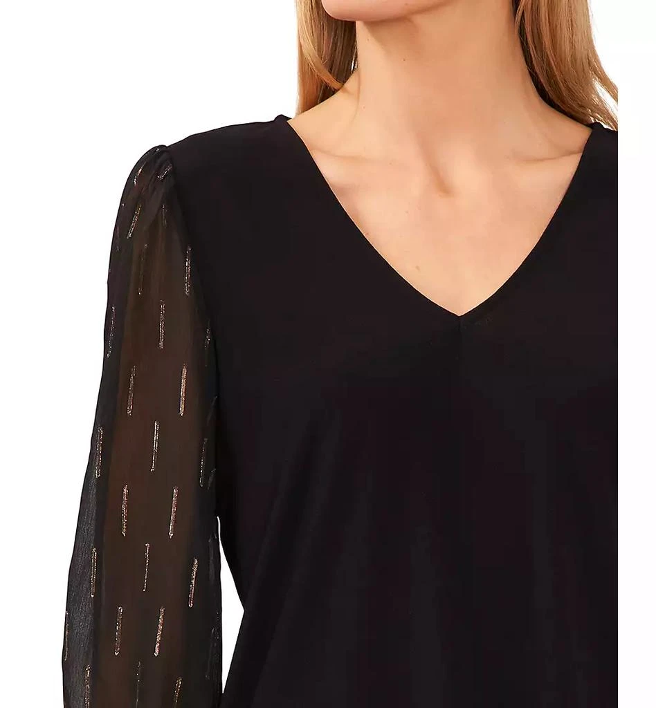 CeCe Women's V-Neck Sheer Mixed-Media Gold Lurex 3/4-Sleeve Knit Top 3
