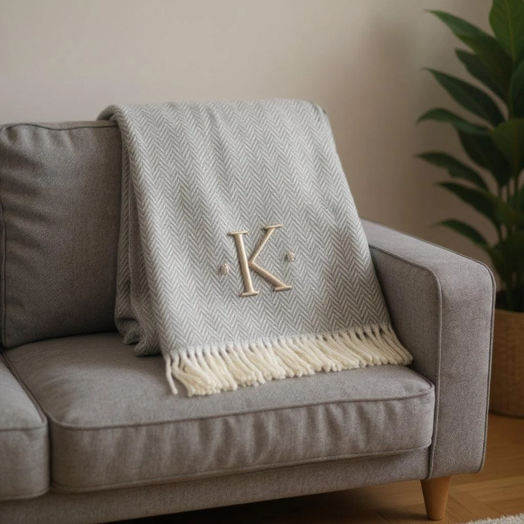 Hivvago 55" X 70" Gray And White Herringbone Cotton Blend K Initial Throw Blanket with Tassels And Embroidery 2