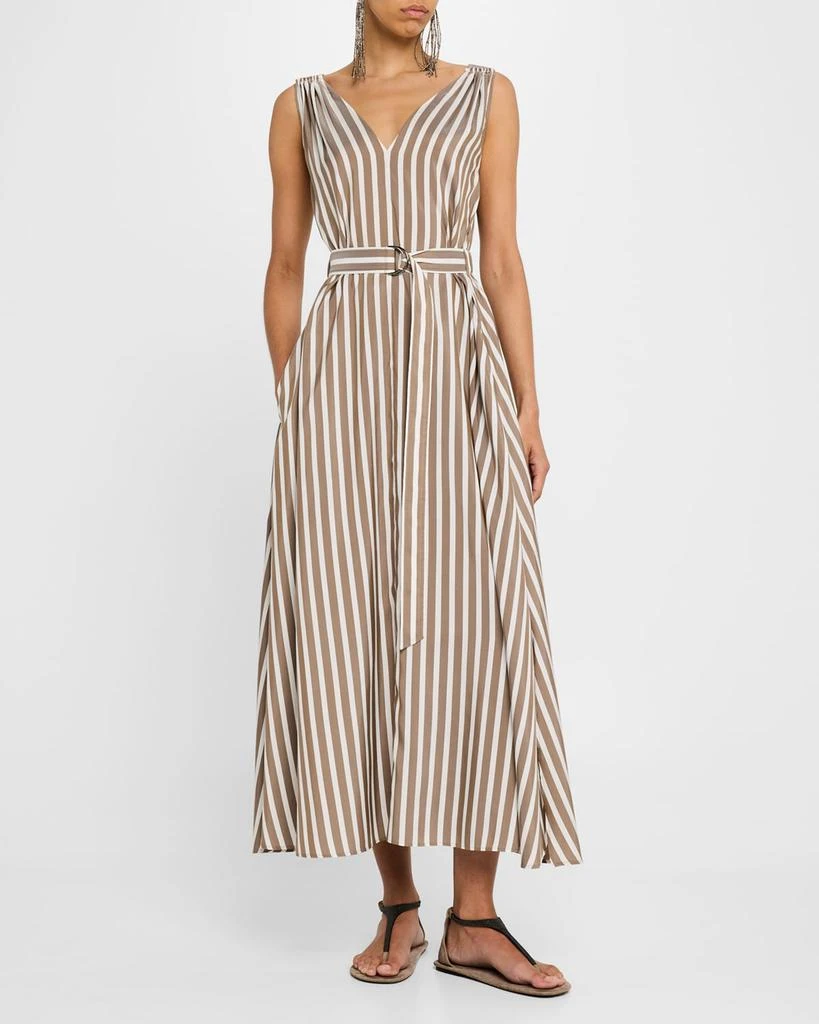 Brunello Cucinelli Striped Sleeveless Monili-Shoulder Belted Midi Dress 2