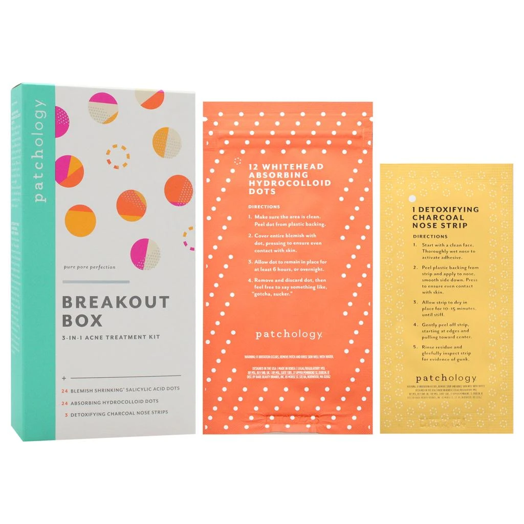 Patchology Breakout Box 3-in-1 Acne Treatment Kit by  for Unisex - 3 Pc 3Pc Blackhead-Eliminating Charcoal Nose Strips, 24Pc Pimple-Shrinking Salicylic Acid Dots, 24Pc Whitehead-Absorbing Hydrocolloid Dots 3