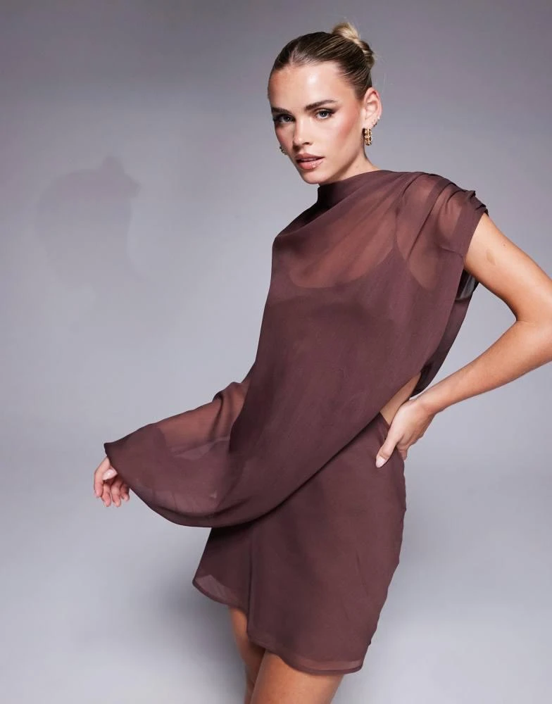 ASOS ASOS DESIGN Petite high neck draped asymmetric mini dress with cut out in chocolate 1