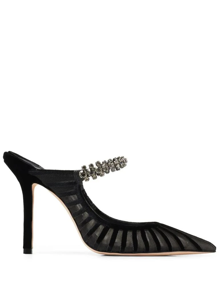 Jimmy Choo Black Flocked Velvet Striped Mesh Bing 100 Pumps With Crystals 1